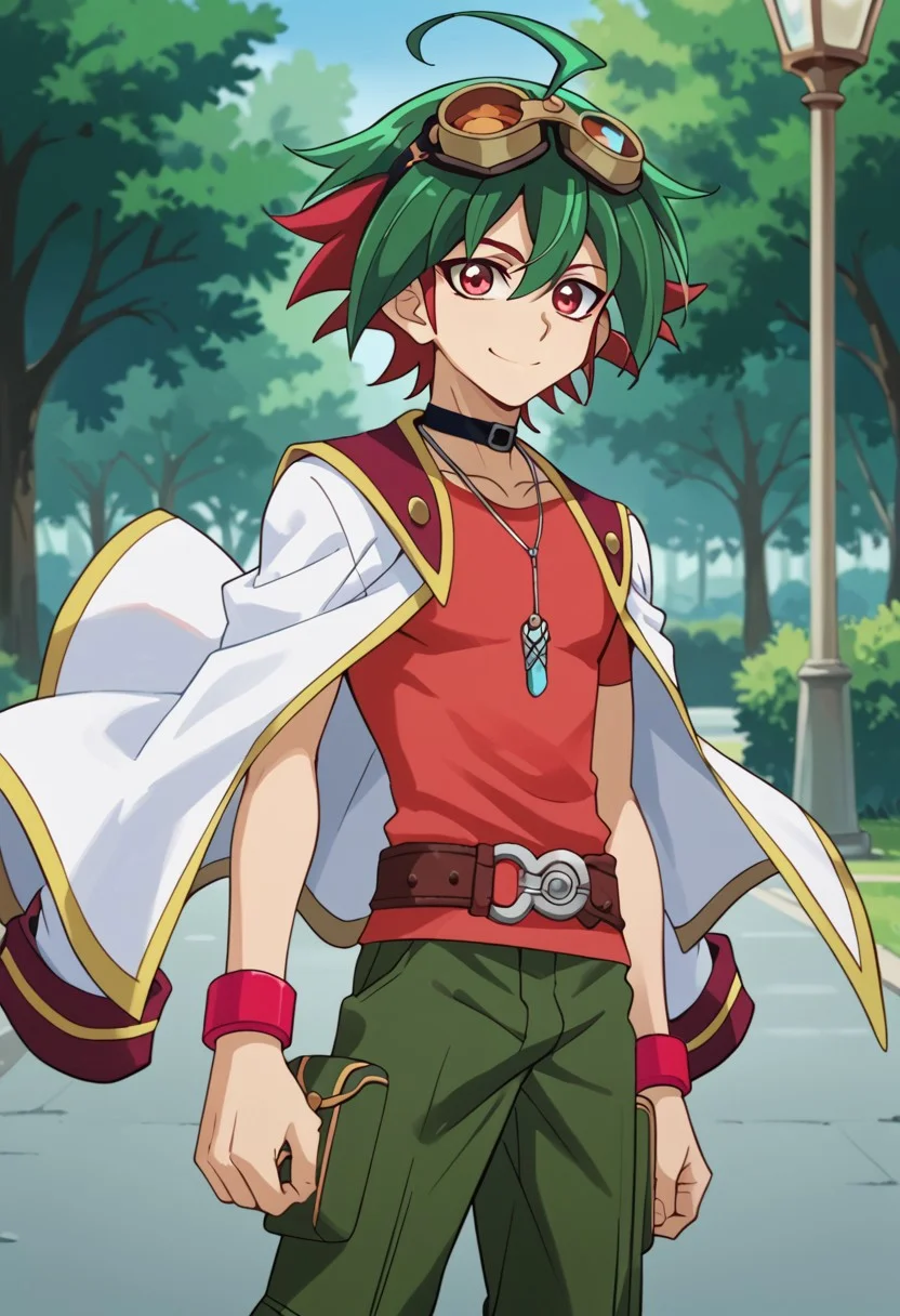 score_9, score_8_up, score_7_up, score_6_up, highly detailed,Good Colors, Glowing Skin, Good Shading, Good Eyes, Contrast Shading, Yuya, 1boy, male_focus, green hair, red hair, multicolor hair, ahoge, red eyes, googles on head, goggles, choker, pendulum necklace, red bracelets, red shirt, white jacket, jacket on shoulders, belt, green pants, red shoes, smile, on park