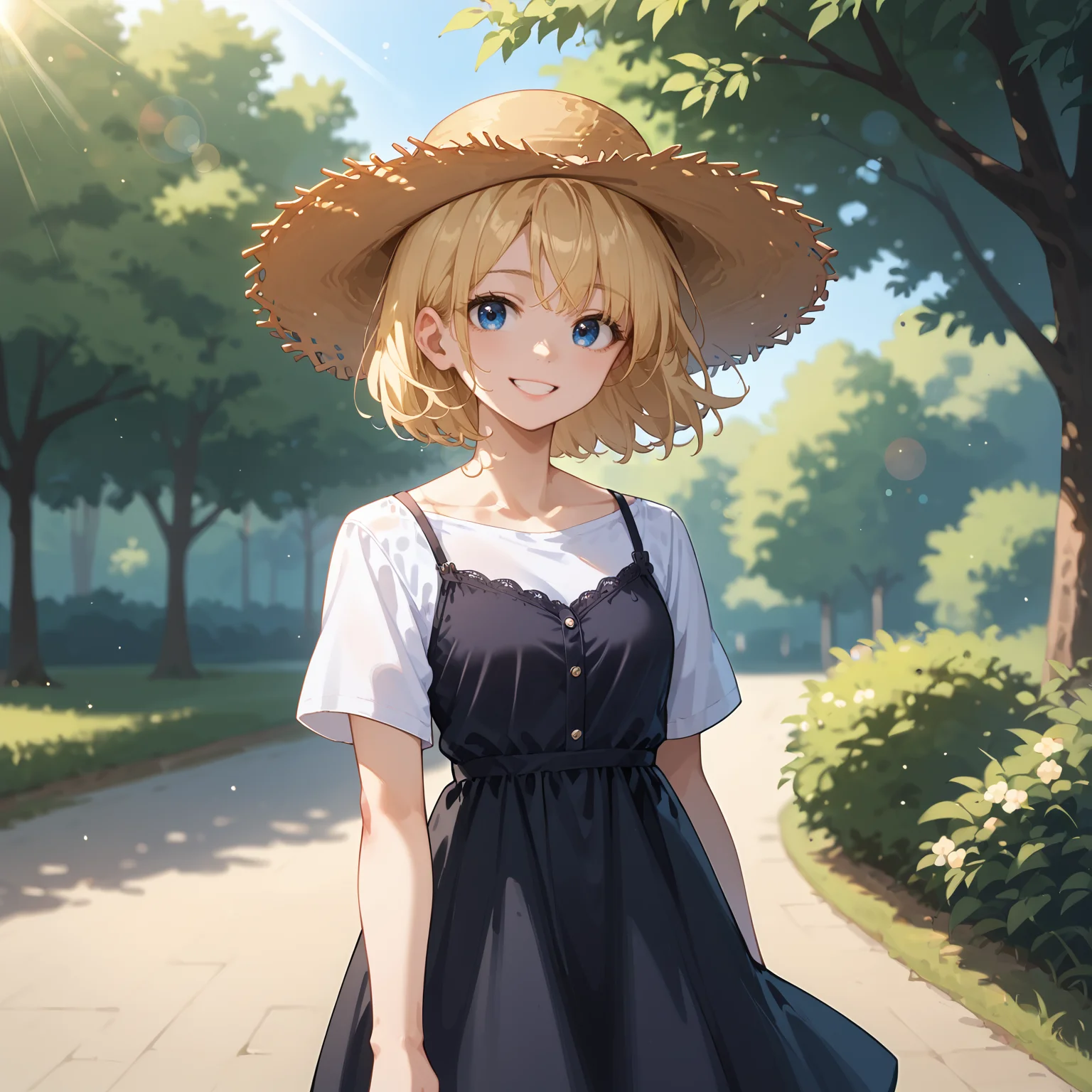 cinematic film still score_9, score_8_up, score_7_up,source_anime, park, trees, small lake, 1girl, smile, blonde hair, blue eyes, straw hat, <lora:Casual_shirt_with_spaghetti_dress:0.9> cshwsp, shirt under dress, white shirt, black dress, lens flare, . shallow depth of field, vignette, highly detailed, high budget, bokeh, cinemascope, moody, epic, gorgeous, film grain, grainy
