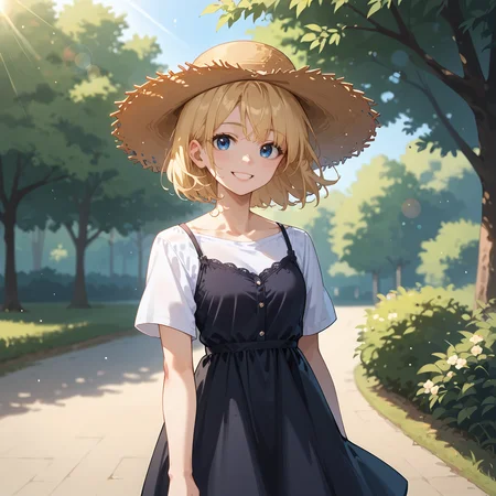 cinematic film still score_9, score_8_up, score_7_up,source_anime, park, trees, small lake, 1girl, smile, blonde hair, blue eyes, straw hat, <lora:Casual_shirt_with_spaghetti_dress:0.9> cshwsp, shirt under dress, white shirt, black dress, lens flare, . shallow depth of field, vignette, highly detailed, high budget, bokeh, cinemascope, moody, epic, gorgeous, film grain, grainy