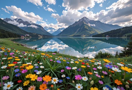 Beautiful summer meadow full of tiny colorful flowers, leading down to a crystal blue lake surrounded by snow capped mountain peaks, This picturesque scene is beautifully mirrored in the tranquil waters of the lake, in the distance layers of mountains strech to the horizon in shades of blue, mysterious fog envelops the landscape, adding depth and atmosphere to the composition, ultra-detailed, hyper-detailed, ambient lighting, volumetric lighting, (masterpiece), (Amazing quality), (phenomenal aesthetic), cinematic moment, 8K<lora:FLUX_Ghibsky_Illustrations.safetensors:0.8:1.0>