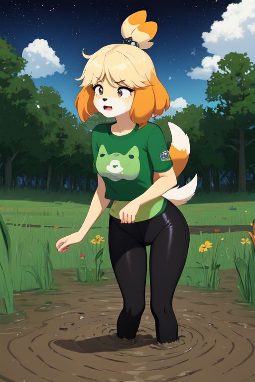isabelle \(animal crossing\), (masterpiece, best quality:1.15), 1girl, solo, large breasts, high cheekbones, thick eyebrows, small mouth, looking to the side, leaning forward, adjusting clothes, tight leggings, green crop top shirt, starry nights, long hair, twin short braids, scared, partially submerged, struggling, farmland bog, quicksand