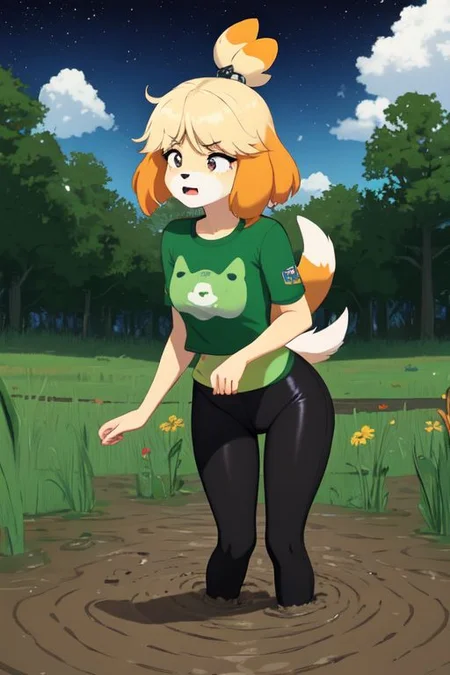 isabelle \(animal crossing\), (masterpiece, best quality:1.15), 1girl, solo, large breasts, high cheekbones, thick eyebrows, small mouth, looking to the side, leaning forward, adjusting clothes, tight leggings, green crop top shirt, starry nights, long hair, twin short braids, scared, partially submerged, struggling, farmland bog, quicksand