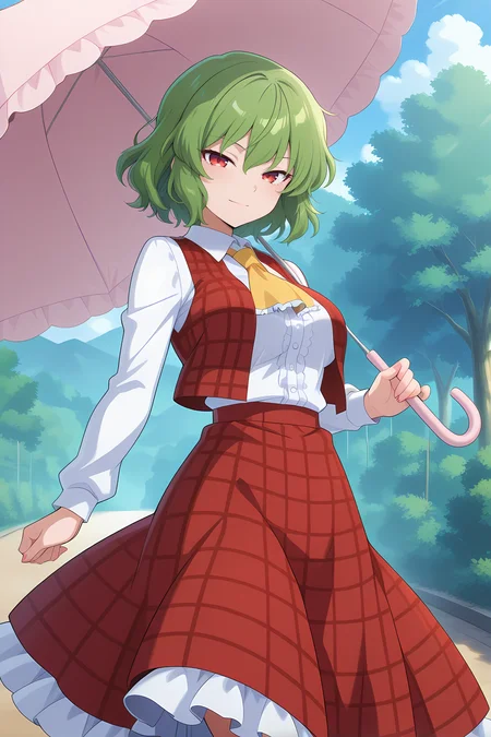 absurdres, highres, masterpiece, best quality, amazing quality, official anime artwork, screencap, anime screencap, outdoors, looking at viewer, light smile, dynamic pose,
 <lora:Yuuka-Kazami_Illustrious:1> kazami yuuka, 1girl, solo, red eyes, green hair, short hair,, red vest, plaid vest, white shirt, long sleeves, red skirt, plaid skirt, frilled skirt, yellow ascot, holding umbrella