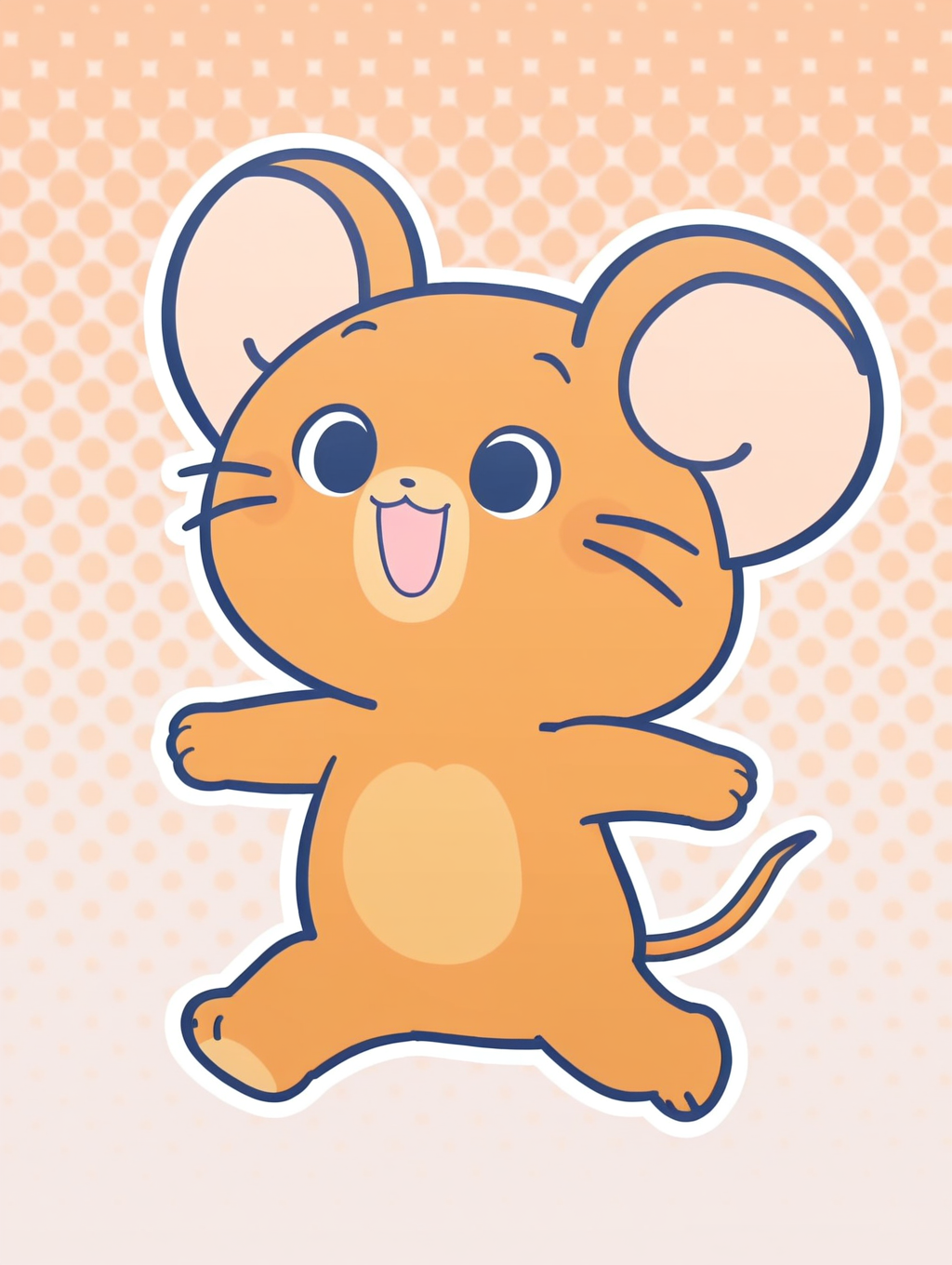 Jerī_Mouse, solo, mouse, happ, :d, orange-brown skin, whiskers, mouse ears, mouse tail, minimal, dynamic halftone dot background, stylized background, White frame, white outline