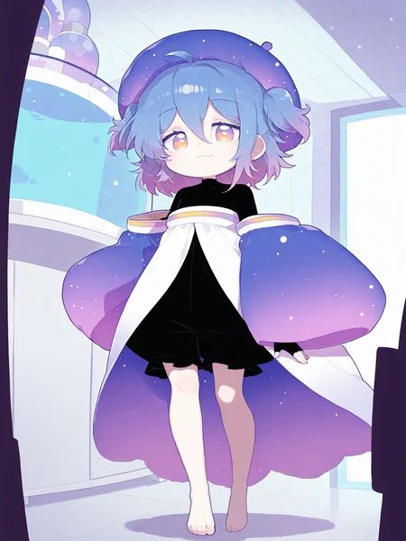 <lora:coco_euphorianic_illustrious:1>, coco \(euphorianic\), :3, flat chest, bare legs, blue headwear, purple headwear, large hat, beret, starry sky print, purple eyes, orange eyes, yellow eyes, multicolored eyes, bright pupils, two-tone hair, gradient hair, short twintails, medium hair, ahoge, hair between eyes, bangs, barefoot, full body, looking at viewer, 
\(default\) black sweater, black bodysuit, black shirt, open robe, multicolored robe, turtleneck, multicolored clothes, open clothes, two-sided fabric, multicolored jacket, wide sleeves, sleeves past wrists, off shoulder, puffy long sleeves, detached sleeves, fingerless gloves, black gloves, black bloomers, indoors, laboratory, 
[[lazypos]], smile, standing, 
masterpiece, best quality, amazing quality, very aesthetic, absurdres, newest <lora:spo_sdxl_10ep_4k-data_lora_webui:0.5><lora:cfg_scale_boost:0.5> <lora:Chon_style:0.8>  <lora:eitmksg:0.8> eitmksg