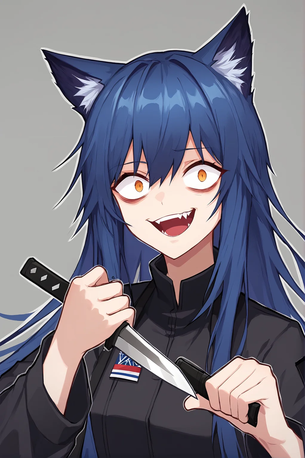 score_9,
<lora:gesugao_v1_pruned:1>, gesugao, constricted pupils, evil smile, open mouth,
texas \(arknights\), blue hair, long hair, cat ears,
holding knife, knife,
high resolution, Masterpiece,
rating_safe