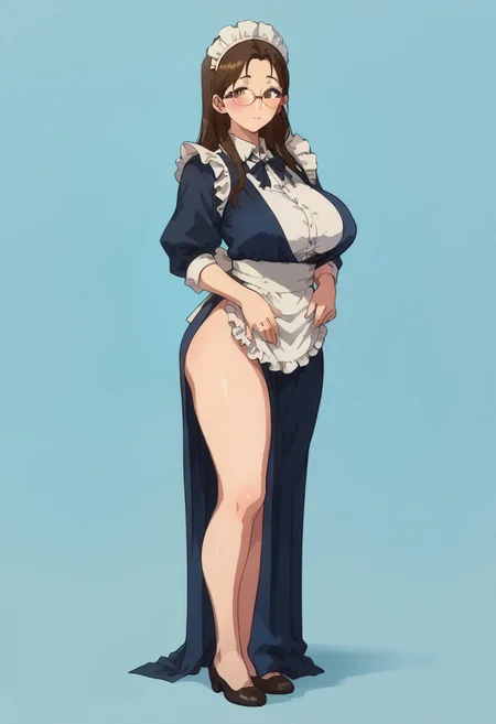score_9, score_8_up, score_7_up, score_6_up, source_cartoon, 1girl, 
 sexy hips ,solo, TomoeKisaragi,1girl,brown hair,long hair,forehead,brown eyes,eyewear, huge breasts, full body,standing, maid,