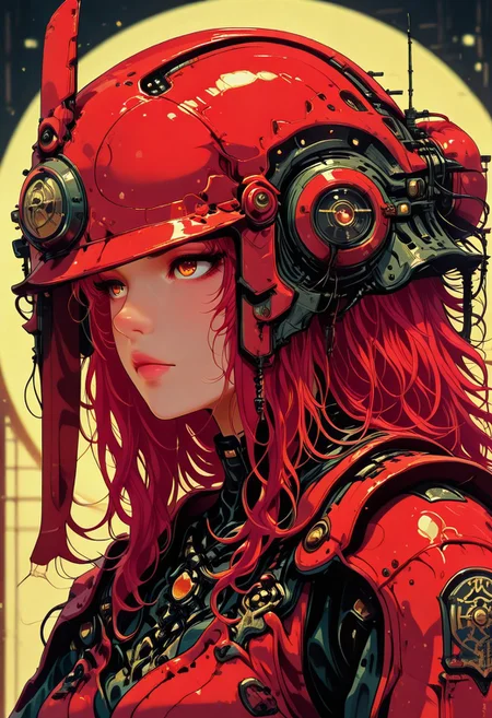 in the style of cknc, in the style of cksc, masterpiece, best quality, good quality, very aesthetic, absurdres, newest, 8K, depth of field, focused subject, great lighting, intricate detail, beautiful, Silhouette Art, breathtaking detailed, masterpiece, awe-inspiring, radiant, magnificent, glossy. stunning oriental woman, long hair, samurai helmet, red leather samurai armour
