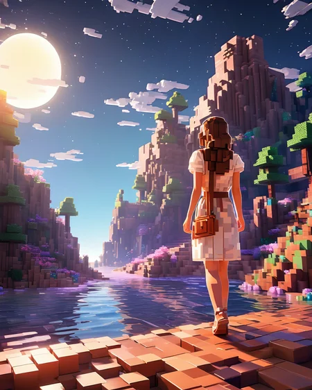 Blocky and pixelated aesthetic,pixel art,4k,realistic,game CG rendering,nature light,shadows,minecraft,<lora:minecraft:0.9>,
(masterpiece),(wallpaper),(best quality),(best illuminate, best shadow),(best illustration),dynamic angle,
(+++a girl+++) is walking in front of a delicate and beautiful moon-blue sky,solo,from side,
(Backlight),mid shot,(the beautiful and delicate girl:1.3),beautiful bare back,(detailed face:1.2),(long floating hair:1.2),(beautiful long dress:1.2),floating dress,
the girl (walking) on surface of the water,Beautiful and delicate violet light water surface,reflective water surface,
High saturation blue clouds and (stars sky) in the background,cold color,