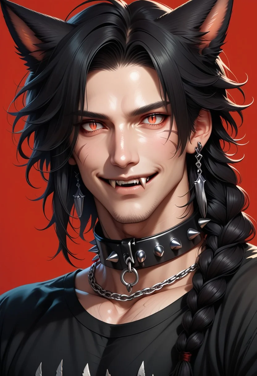 DskMiqo, 1boy, black hair, black shirt, braid, cat girl, cat ears, animal ears, animal ear fluff, chain, collar, earrings, fangs, holding, jewelry, long hair, looking at viewer, male focus, red background, red eyes, shirt, simple background, single braid, slit pupils, smile, solo, spiked collar, spikes, teeth, miqo'te, upper body, wolf ears, BREAK ,score_9, score_8_up, score_7_up, score_6_up, score_5_up, score_4_up,