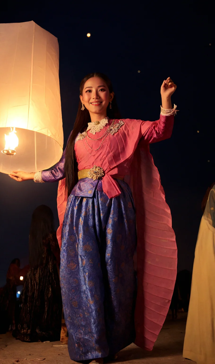 masterpiece, realistic,
1girl, thai girl, solo, very long hair, <lora:SDXL_BTT_CHONGKABEN SABAI_v01C:0.8> thai clothes, smile, full body,
outdoors, too many yipeng on sky, night, dark night, (yipeng:1.4), flying yipeng in the sky at night time,
<lora:LCMTurboMix_Euler_A_fix:1> <lora:SDXL_BTT_YIPENG_V01:1.0>
