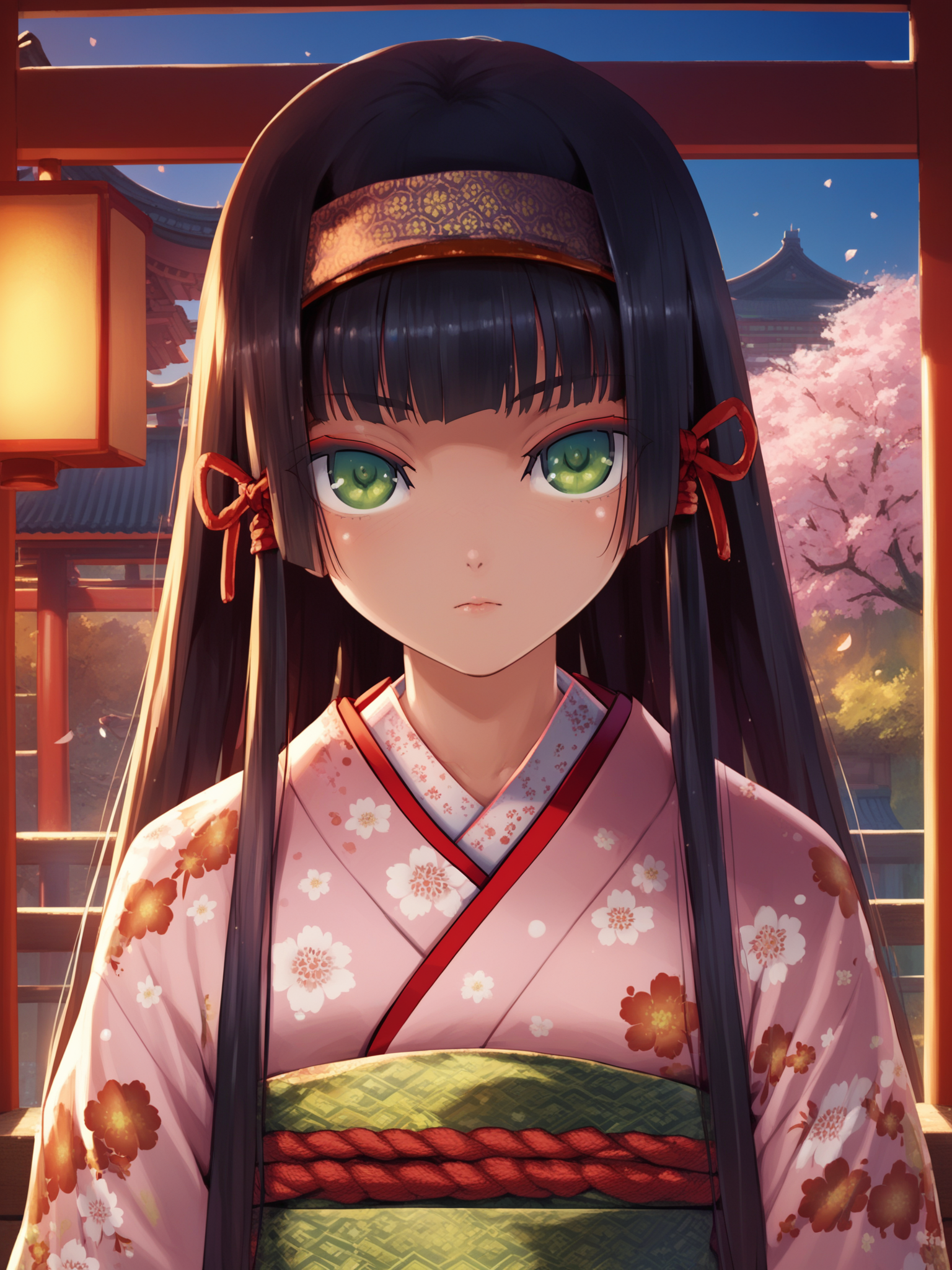 <lora:happy_tentacle-renge-v0.2-000016:0.9>, ht_renge, japanese clothes, kimono, floral print, headband, hair ribbon, shrine , 1girl, solo, portrait , , (emotionless :1), , , , facing viewer , score_9, score_8_up, score_7_up, score_6_up, score_5_up, score_4_up