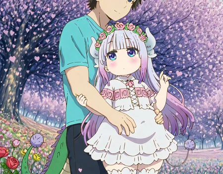nsfw, highres, best quality, masterpiece, anime, highly detailed, extremely detailed, best quality, masterpiece, 1boy, 1girl, couple, boy's arm around girl's waist, hand on waist, girl grabbing boy's arm, boy in shirt, short sleeves, flower pin, red rose pin, girl in dress, short dress, summer dress, flower crown, flower meadow, colorful flowers, soft colors, low saturation, red flowers, yellow flowers, blue flowers, purple flowers, \(\(pastel colors\)\), pastel style, \(\(flowers\)\), \[\[long shot\]\], medium long shot, wallpaper, rating safe, ,, bloheachij, bloheachij frame, blossoms, hearts, Kanna Kamui, White-lavender hair, Hair styled into odango, Blue eyes, Pale skin, Gothic ta style clothing, White frills, Chubby cheeks, Small horns, Dragon tail, White stockings, Kanna Kamui
