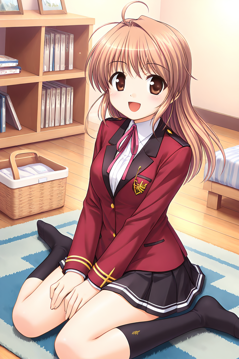 masterpiece, best quality, absurdres, official art, official style, rating general BREAK <lora:yuukiharuna_IL_v1-1:0.7>, yuuki haruna, 1girl, solo, brown eyes, brown hair, ahoge, long hair, hair intakes, medium breasts, school uniform, winter school uniform, blazer, red jacket, long sleeves, buttons, emblem, neck ribbon, pink ribbon, white shirt, collared shirt, black skirt, miniskirt, pleated skirt, kneehighs, black socks, no shoes, shoes removed, feet, fingernails, sitting, open mouth, smile, blush, happy, :d, looking at viewer, dutch angle, yokozuwari, on floor, holding pants, laundry basket, rug, sunbeam, light rays, sunlight, indoors, wooden floor, striped bed sheet, carpet, bookshelf, book
