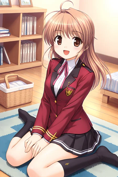 masterpiece, best quality, absurdres, official art, official style, rating general BREAK <lora:yuukiharuna_IL_v1-1:0.7>, yuuki haruna, 1girl, solo, brown eyes, brown hair, ahoge, long hair, hair intakes, medium breasts, school uniform, winter school uniform, blazer, red jacket, long sleeves, buttons, emblem, neck ribbon, pink ribbon, white shirt, collared shirt, black skirt, miniskirt, pleated skirt, kneehighs, black socks, no shoes, shoes removed, feet, fingernails, sitting, open mouth, smile, blush, happy, :d, looking at viewer, dutch angle, yokozuwari, on floor, holding pants, laundry basket, rug, sunbeam, light rays, sunlight, indoors, wooden floor, striped bed sheet, carpet, bookshelf, book