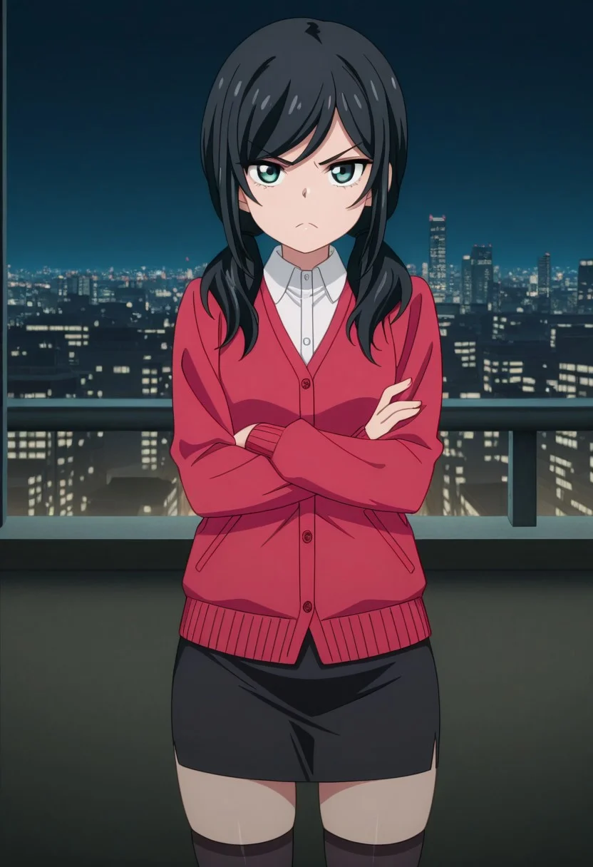masterpiece,perfect quality,best quality,absolutely eye-catching,absurdres,highres,newest,anime coloring, anime screencap,(1girl,solo),PiltzCasual, black hair, long hair, low twintails, green eyes, red cardigan, white shirt, collared shirt, long sleeves, black skirt, pencil skirt, black thighhighs, frown, v-shaped eyebrows, looking at viewer, arms crossed, city, skyline, night, tokyo