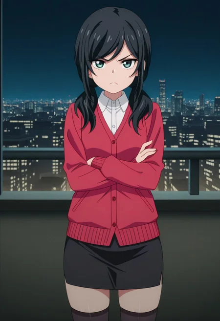 masterpiece,perfect quality,best quality,absolutely eye-catching,absurdres,highres,newest,anime coloring, anime screencap,(1girl,solo),PiltzCasual, black hair, long hair, low twintails, green eyes, red cardigan, white shirt, collared shirt, long sleeves, black skirt, pencil skirt, black thighhighs, frown, v-shaped eyebrows, looking at viewer, arms crossed, city, skyline, night, tokyo
