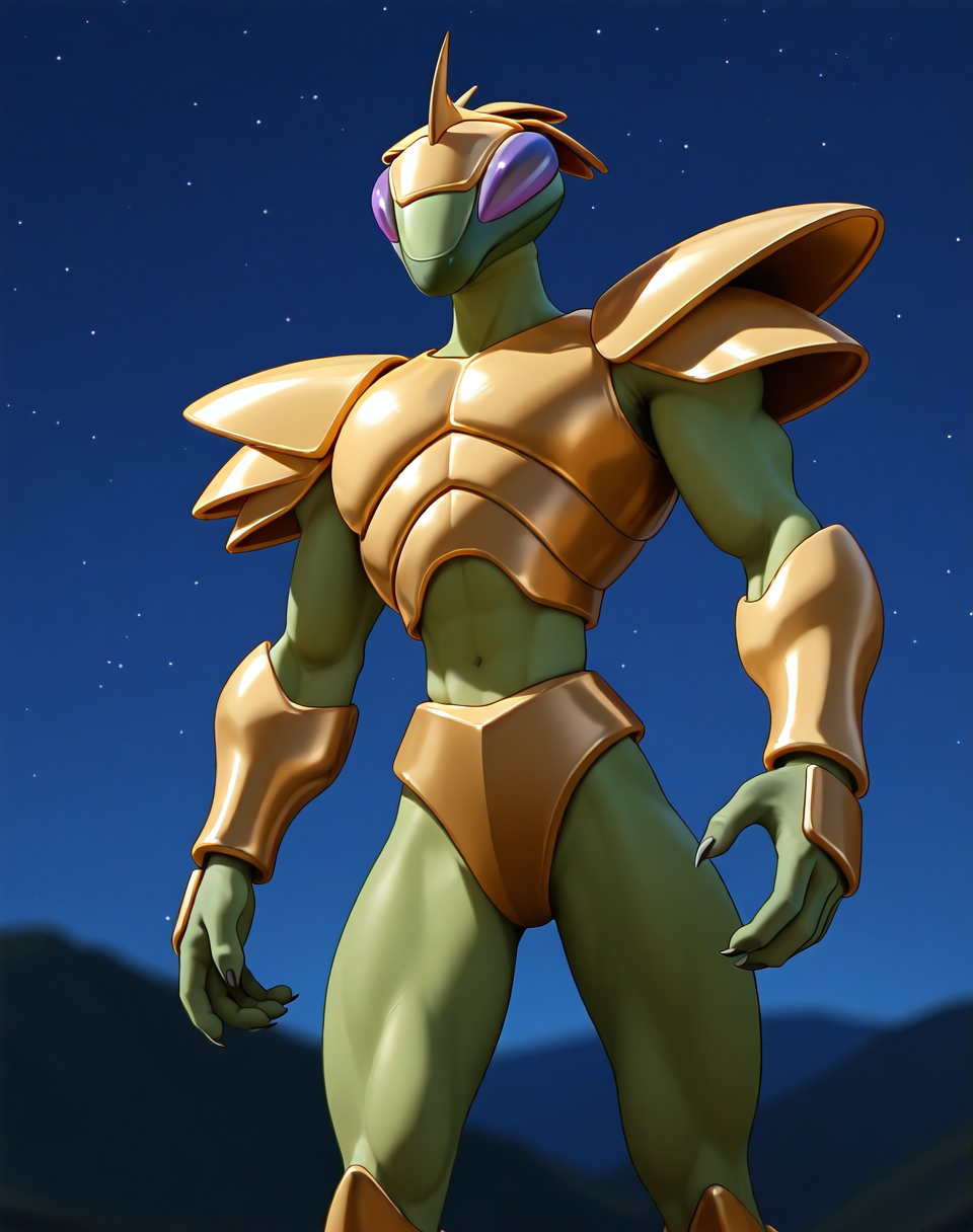<lora:Hyper_Katris_(Shinzo)_(Illustrious)_(AD):1> Hyper Katris, mantis, Shinzo, 
((
exterior, anime night sky, anime mountains, bent leg, cowboy shot, 
dynamic action, insect anthro, male focus, strong warrior, manly, bounty hunter villain, gold armor, manly, masculine, 
)),
BREAK: very awe, aesthetically pleasing, masterpiece, best quality, amazing quality, very aesthetic, perfect depth of field shot, gradient coloring, subsurface reflections, 3d rendering, photographic realism, bare legs, green legs, source_furry, furry_art, 
masterpiece, best quality, amazing quality, very aesthetic, high resolution, ultra-detailed, absurdres, newest, scenery, {Prompt}, BREAK, detailed background, volumetric lighting,
BREAK: lazympos, lazypos (3),