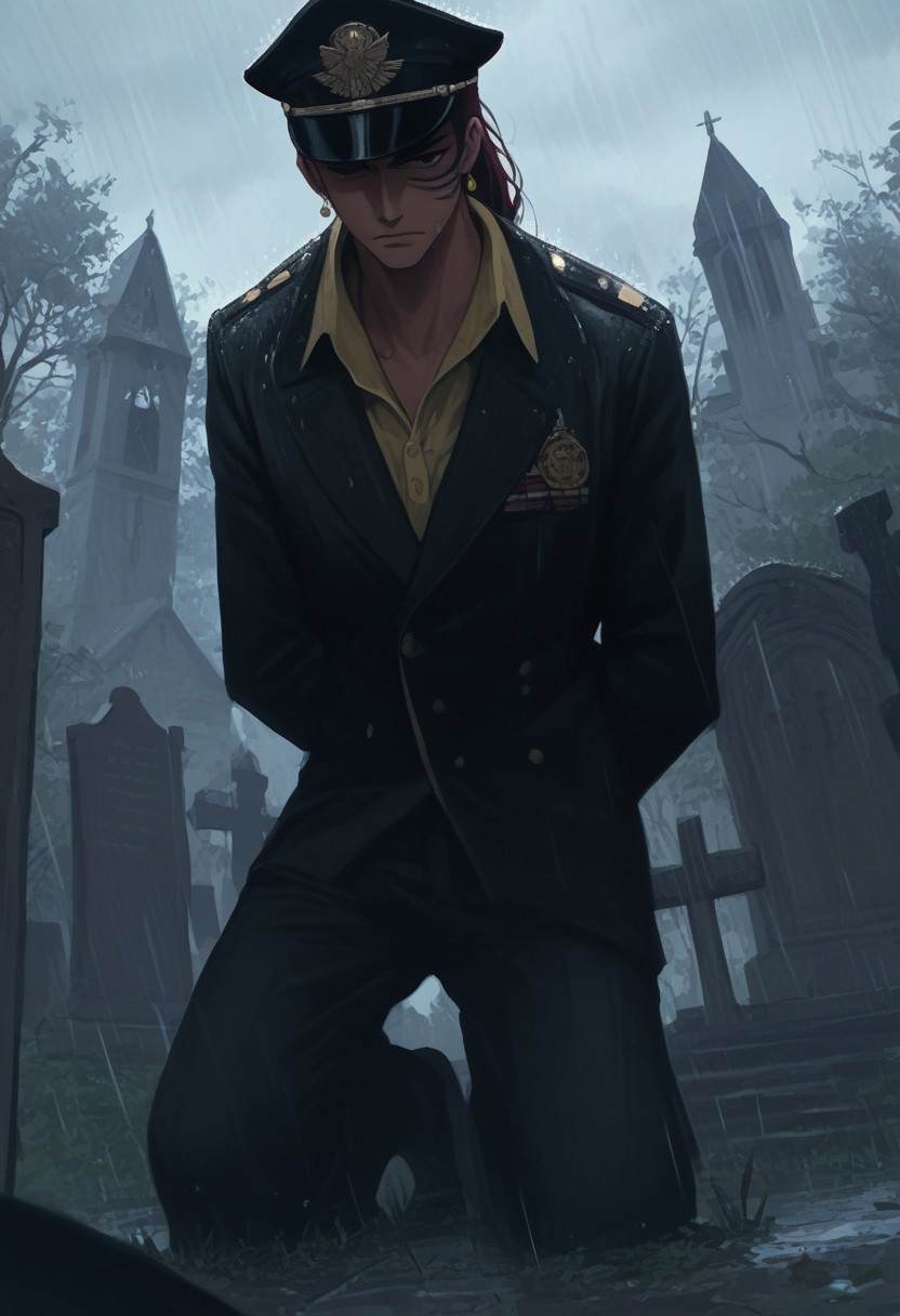 score_9, score_8_up, score_7_up, source_anime, rating_safe, raining, WyperOP, Wyper injuries, green Wyper headpaint, (dark red Wyper ponytail), shaded face, yellow Wyper earrings, 1boy, male focus, military cap, collared shirt, pants, wet military uniform, frown, hands behind back, kneeling, blurry outdoors church, trees, gravestone, tomb, from below, dutch angle, sad-gloomy, horror (theme), realistic shading,