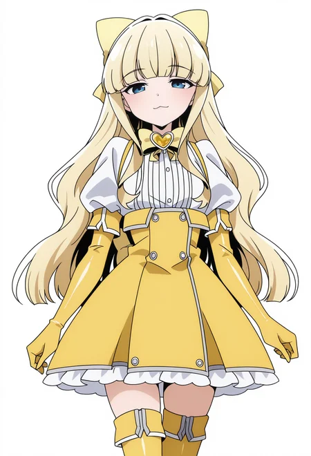 masterpiece, best quality,
1girl, solo, cowboy shot,
standing,
looking at viewer, light smile,
simple background, white background,
<lora:Magia_Sulfur:1> M4g14S0lf0r, blonde hair, long hair, blue eyes, blunt bangs, :3,
yellow gloves, elbow gloves, bow, thighhighs, hair bow, dress, brooch, puffy sleeves, short sleeves,