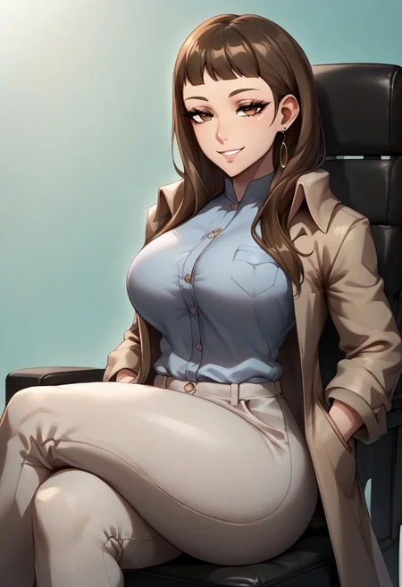score_9, score_8_up, score_7_up, expressiveh, speedlines, eyebags_ f, expression line, setting: in a lab, perfect face, detailed background,
1girl, ichinosep5s, long hair, brown hair, blunt bangs, coat, shirt, pants, earring, curvy body, big ass, bubble butt, thick thighs, wide hips, slim waist,  tired eyes, eye bags, tired smile
solo female, sitting, crossed legs, hands in coat pocket, on chair, facing viewer, leaning back