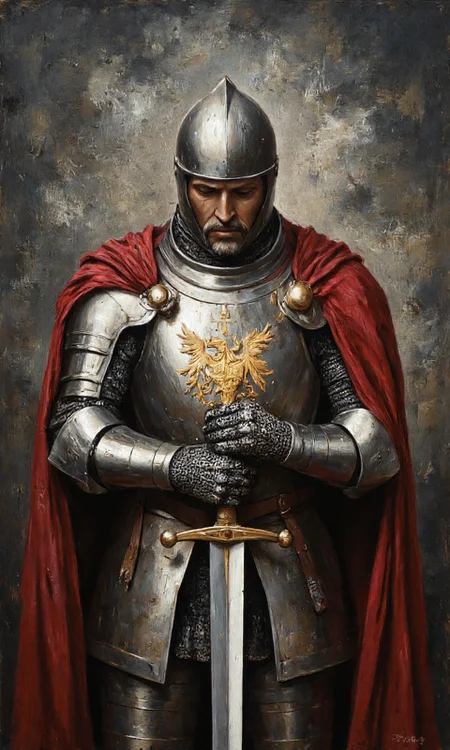 painting depicting a medieval knight. The knight stands in a contemplative pose, holding a sword with both hands in front of him. He is dressed in a full suit of armor, with a metallic breastplate covering his chest and shoulders, and metal gauntlets on his hands. The helmet he wears is also metallic, covering his entire head and featuring a cross at the top. The knight's armor is adorned with intricate patterns and designs, suggesting a high level of craftsmanship.
The knight's attire includes a rich, red cloak draped over his left shoulder, which has a golden, heraldic design on the front. The cloak adds a sense of regality and nobility to the knight's appearance. The background is a textured, muted mix of dark grays, blacks, and browns, creating a dramatic and somber atmosphere. The textures in the painting are detailed and realistic, with the armor reflecting light and the cloak appearing soft and velvety. The overall style is reminiscent of medieval art, blending realism with a touch of symbolism. The knight's stance and expression convey a sense of strength, determination, and perhaps a hint of melancholy., aidmaimageupgrader, aidmaMJ6.1