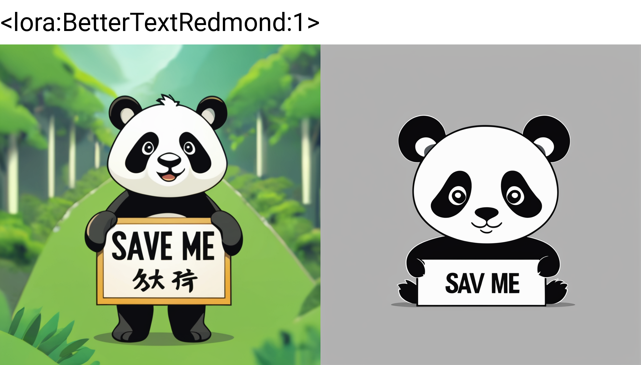 A panda holding a sign that say "SAVE ME"  <lora:BetterTextRedmond:1>