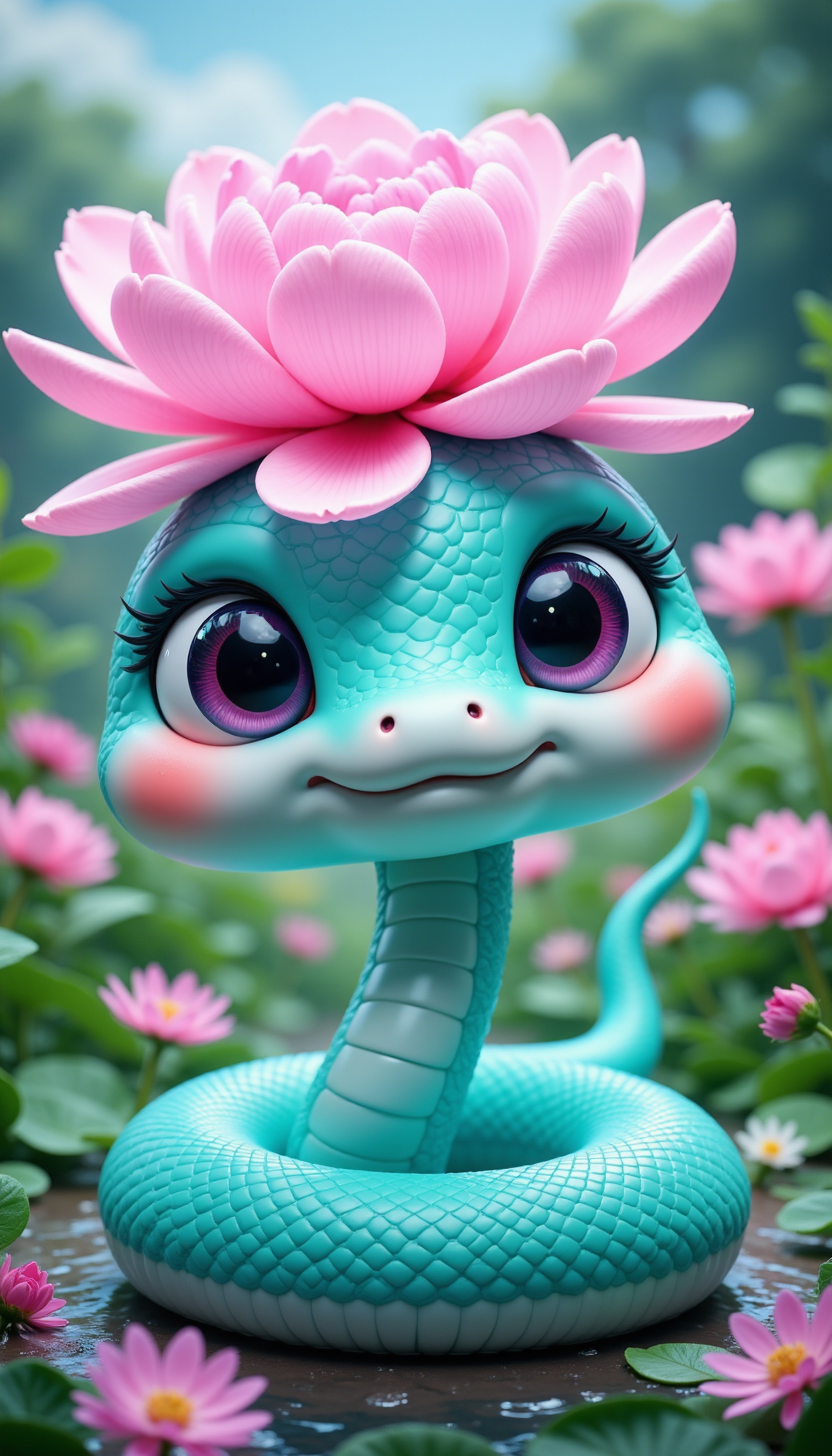 pinkchibisnakeyear,
A turquoise snake curled up under a large peony flower, surrounded by lush garden scenery, soft morning dew sparkling on petals.