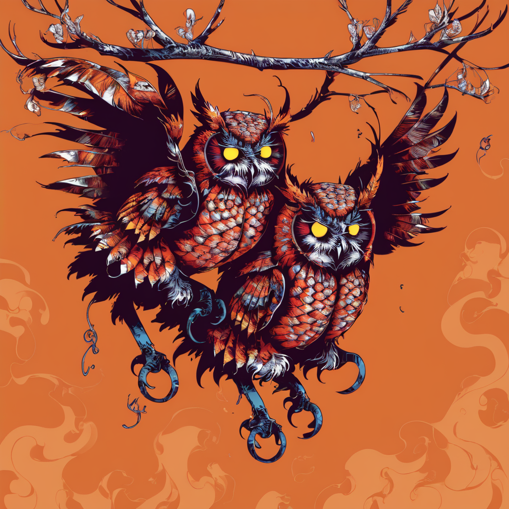 <lora:1v4n:1>1v4n two headed owl orange background close up conjoined