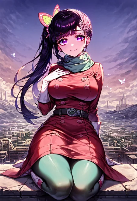 gorgeous lips, cinematic, (masterpiece), (best quality), (ultra-detailed), very aesthetic, perfect composition, intricate details, absurdres, detailed face, (anime, masterpiece, intricate:1.3), (best quality, hires textures, high detail:1.2), score_9, score_8_up, score_7_up, source_anime, 1girl, kanao tsuyuri, black hair, pink highlights, butterfly, butterfly hair ornament, purple eyes, long hair, side ponytail, ponytail, eyelashes, hair ornament, scarf, dress, red dress, long sleeves, buttons, gloves, white gloves, belt, pantyhose, green pantyhose, laced heel boots, white footwear, skirt, flower patterns, alternate_costume, enormous breasts, facial expression, kind, soft eyes, head tilt, slightly smiling, closed mouth, hand on breasts, goddess, building size, giantess, growing even bigger, sitting on the city floor, gradient eyes, beautiful detailed eyes, city background, mountain landscape, city, mountain, building, skyscrapers, surrounded by tall skyscrapers, (masterpiece:1.4), (best quality:1.4), (ultra-detailed:1.2), gl0w, glow,