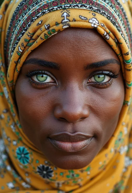 A breathtaking work of fine art photography, inspired by the iconic style of Steve McCurry, portrays a powerful portrait of a young Somali woman with striking green eyes. This cultural snapshot captures the essence and humanity of its subject through emotive imagery that transcends mere documentation. Rich colors burst from every corner of the frame, as if harkening to the vivid textiles and warm tones typical of the region's culture. The image was captured on analog film, imbuing it with a natural grain reminiscent of Kodachrome film stock. Intricate details abound in this masterpiece â from the delicate patterns adorning the woman's traditional headdress to the subtle wrinkles around her eyes that speak volumes about her life and experiences. The image is insanely detailed, yet maintains an organic feel through its use of natural lighting and expert compositional techniques, evoking a sense of intimacy and connection with the subject. This award-winning photography showcases the power of film as a medium for capturing not just images, but moments steeped in emotion and human storytelling.