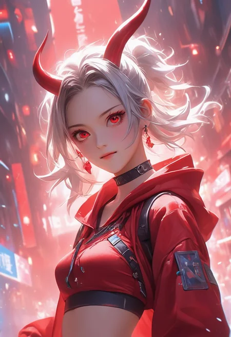 WLOP art style, Digital painting style visual effects, real humans, (Korean girl), Temari, looking at the audience, female, ((With straight one pair Oni Horns on On the forehead)), (((solo))), Innocent eyes and smile, ((((pigtails)))) ,white hair, short hair, (fluffy very short spiky pigtails), ((abs)), ((((navel exposed)))), ((abs)), ((((navel exposed)))), black short Hoodie, red long-sleeved top, tight denim hot pants, long legs, clear face, ruby red eyes, holding a gun, gun in hand, looking up, bright eyes, clarity, movie shot, (full body), complex Details, 8k post-production, faithful and colorful movies,