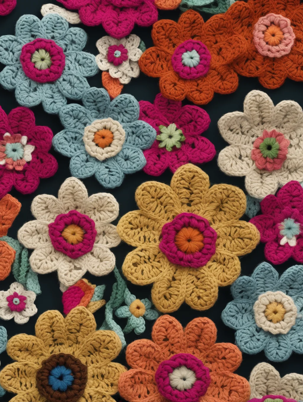 <lora:CROCHETED:1>CROCHETED - patter of crochet flowers in different colors granny chic style pattern for wallpaper midcentury modern style