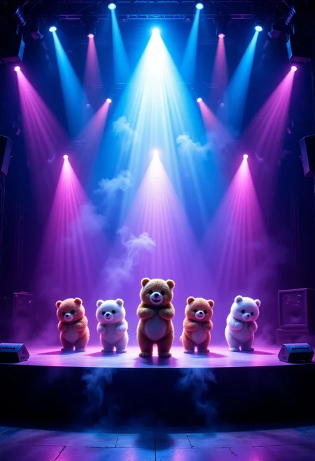 Wide angle. Live house stage. Five cute bears bowing on stage. Lights and lasers of various colors from the upper rear, spotlight in the center.
Smoke on stage, stage decorated with neon glow.
Huge speakers at both ends of the stage, neon lights on the speakers, Front of the stage
aidmafluxpro1.1,fntsylghtshwCE_style