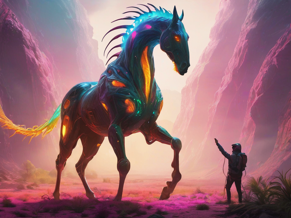 a colorful glowing alien plant type devouring a horse **** creature,colorful and luminescent alien environment concept,art ****,geotho,by geoffroy thoorens,arcane style,artistic,very detailed,