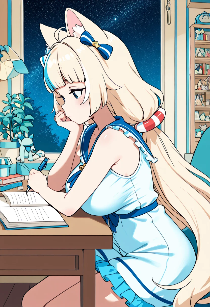 masterpiece, best quality, 1girl, solo, eyelashes, anime screenshot, aged up, large breasts, zzSaba, blue eyes, ahoge, animal ears, blonde hair, blue hair, multicolored hair, streaked hair, long hair, low twintails, hair bow, sleeveless, frilled dress, blue sailor collar, sailor dress, white shorts, <lora:SamekoSaba_IXL_v1:1.0>, , zzLofi, sitting, side view, desk, chair, book, bookshelf, head rest, holding, holding pen, lamp, night, open book, pen, plant, potted plant, sky, star (sky), starry sky, window, windowsill, writing, <lora:LofiGirl_Style_IXL:0.8>,