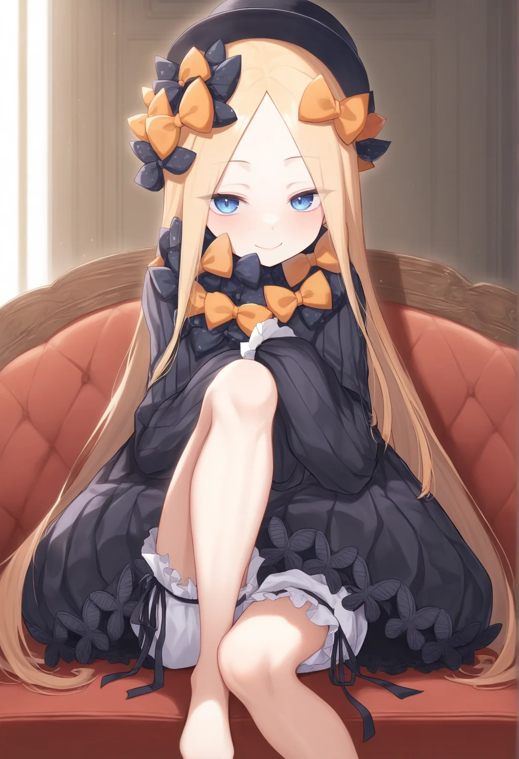 1girl, blonde hair, long hair, blue eyes, forehead, sidelocks, parted bangs, hair bow, polka dot bow, orange bow, black dress, long sleeves, sleeves past wrists, sleeves past fingers, bloomers, hat, sitting, indoors, couch, seductive smile, barefoot, head on knee, mansion  <lora:Abby_Illus:1>, masterpiece, best quality, amazing quality, very aesthetic, absurdres, highres, newest