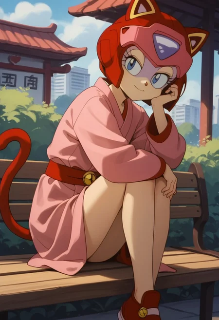 1girl, solo, Pururun, cat girl, two-tone fur, android, petite, score_9, score_8_up, score_7_up, score_6_up, score_5_up, score_4_up, (beautiful summer Park background:1,5), sitting on bench, short legs, red cat tall, looking at viewer, 3/4 side view, slightly smile, hands on knees, pink kimono