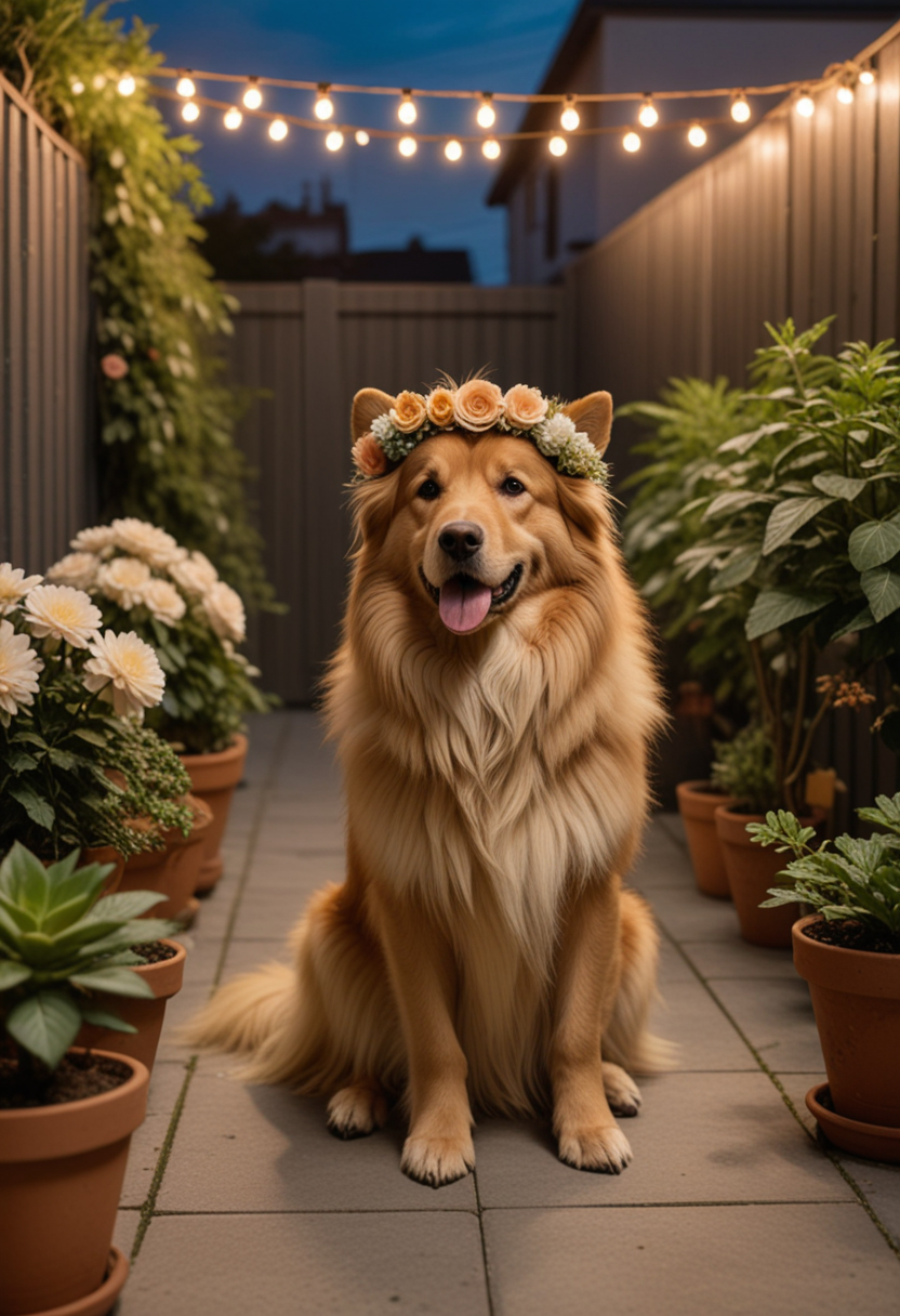 (medium full shot) of (gentle dog) with golden long fur, a flower crown, performing sitting attentively, set in  an urban backyard, with high fences, a small patio, potted plants, and a dog exploring every corner, in the evening, Masterpiece,best quality, photo, realistic, very aesthetic,
