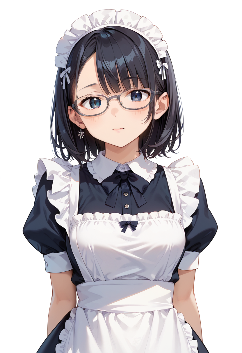 score_9, score_8_up, score_7_up, rating_safe, masterpiece, best quality, absurdres, unity 8k wallpaper, official art, official style, source_anime, uncensored, game cg, megami magazine,
1girl, solo, black hair, medium hair, upper body, covered eyes,maid, maid headdress, black dress, maid apron, face focus,
oval_cell, glasses, still life, white background, simple background, grey-framed eyewear,
 <lora:glasses_OvalCell1_PONY_V1:1>