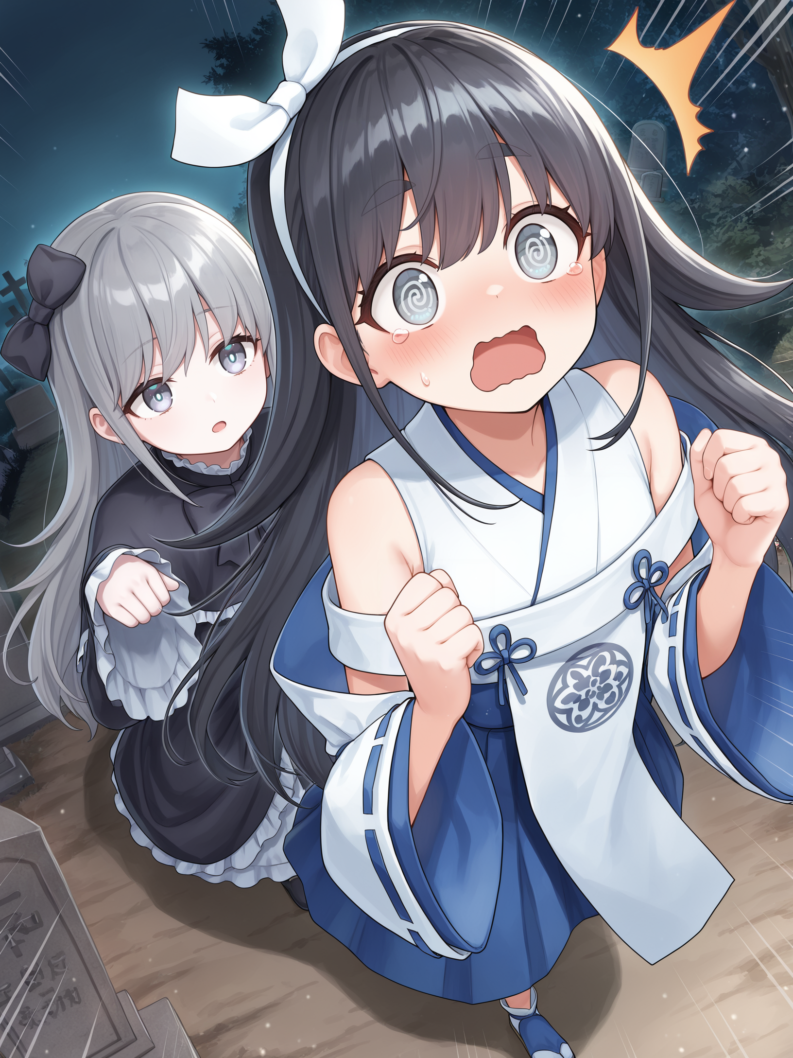 dutch angle,from above,
BREAK 2girls,graveyard,night,darkness,grave,ghost bell,grey eyes,dress,bow,ribbon,hair bow,frills,capelet,frilled dress,ghost pose,open mouth,behind another,sleeves past wrists,
BREAK 2girls,shinonome the vaylantz priestess,@ @,blush,bare shoulders,full body,thick eyebrows,standing,white hairband,white ribbon-trimmed sleeves,white sleeveless kimono,blue hakama skirt,white tabi,blue sandals,two-handed,white breast curtain,running,^^^,emphasis lines,surprised,open mouth,wavy mouth,flying teardrops,clenched hands,
masterpiece,best quality,amazing quality,very aesthetic,absurdres,newest,scenery,extreme detail,8k,light particles,soft lighting,volumetric lighting,intricate details,finely detailed,detailed eyes,<lora:Shinonome the Vaylantz Priestess illusXL v1.1:0.75>,<lora:å±æ·ç«¥ (1):0.7>,