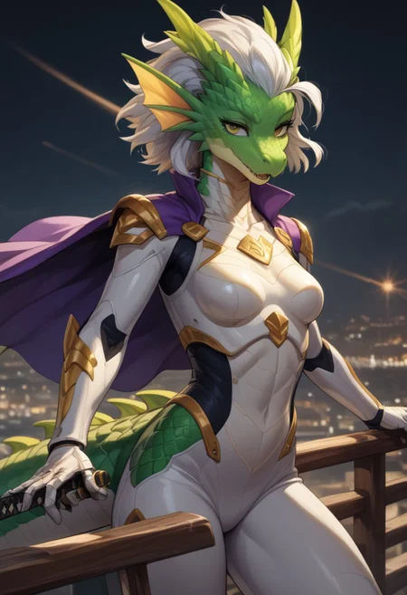 score_9, score_8_up, score_7_up, source_cartoon, SFW, ((anthropomorphic dragon)), female, source_furry, ((Oneprostethicarmright, prosthetic right forearm)):1.4, (1woman, anthro dragon), (((bright green scales, two toned green body scales, glossy scales))), purple irises, extremely detailed, large nostrils, full seductive lower lip, extremely detailed, ((very large head fins)):1.3, (((one tall blue head spike, yellow back spikes))), detailed body scales, strong athletic body, small athletic breasts, toned arms, toned legs, long tail, feminine body, extreme detailed, thin waist, wide hips, (((silver plugsuit))), sci-fi, Parted lips, seductive expression, outside, resting against railing, sunny day, ((masterpiece)) (dynamic lighting:1.1) ((masterpiece)) godrays , (dynamic battle), (action pose) (explosions in the background), holding a Katana, very heroic, wearing purple cape on her back, holding one katana, jump, attack from above, dynamic pose, swipe effect, action shot, vibrant colors and meticulous textures throughout, shallow depth of field, vignette, highly detailed, bokeh, moody, epic, gorgeous, film grain, grainy, white and silver plugsuit, detailed sci-fi background, extreme detailed, ( (dynamic lighting:1.1) ((masterpiece)) (dynamic lighting:1.1) ((masterpiece)) godrays, (highly detailed:1.2), (intricate:1.2), (best quality:1.2),(8k:1.2), (sharp:1.2), (majestic:1.2), natural lighting, detail++,