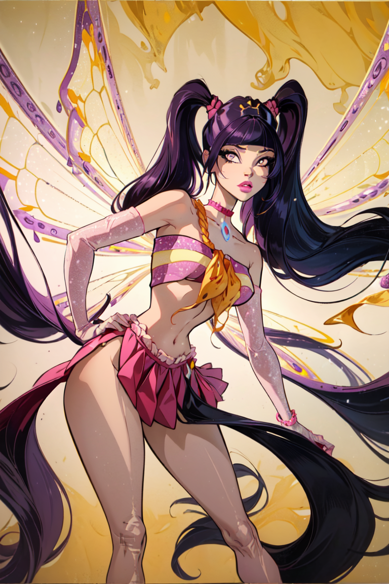 (Musa:1.5), (large fairy wings), purple hair, twintails, (pink and yellow two piece outfit), purple eyes, bangs, (purple and yellow background, music notes floating), (realistic:1.2), (masterpiece:1.2), (full-body-shot:1),(Cowboy-shot:1.2), neon lighting, dark romantic lighting, (highly detailed:1.2),(detailed face:1.2), (gradients), colorful, detailed eyes, (natural lighting:1.2), solo  <lora:WinxClubEnchantixMusa-10:0.9> <lora:add_detail:0.3> <lora:BeautifulEyes:0.6>
