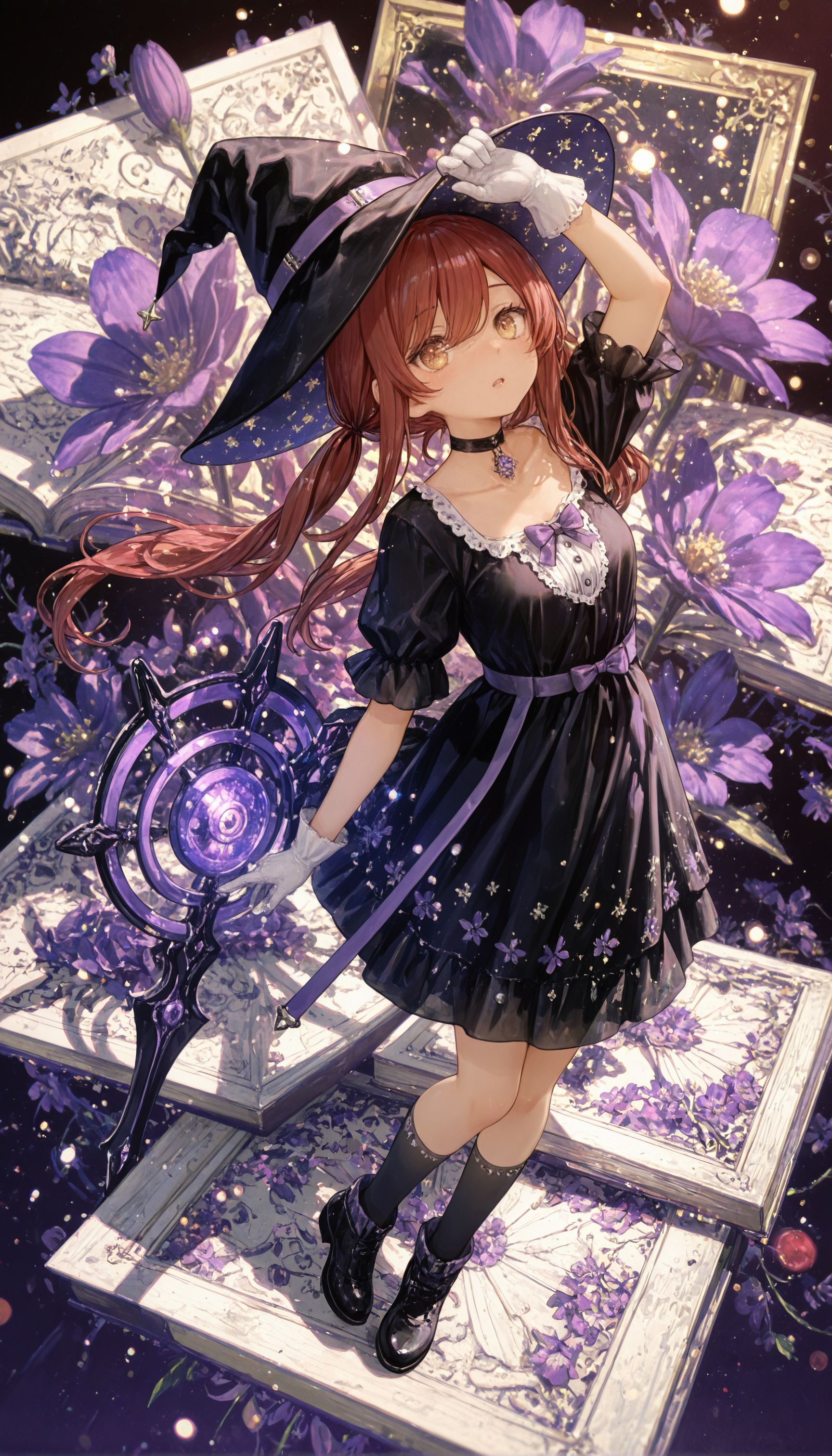 osaki amana,1girl,hat,gloves,solo,witch hat,flower,long hair,red hair,open mouth,twintails,yellow eyes,book,choker,socks,collarbone,frills,ribbon,bangs,looking at viewer,floating hair,border,short sleeves,blush,witch,brown hair,white gloves,framed,black dress,purple flower,floating object,gradient_background,multicolored_background,floral_background,purple theme,dark background,glowing,turn_one's_back,arm up, <lora:HandFixer_pdxl_Incrs_v1:0.5> <lora:None:1.0> <lora:deadpuritySDXLvpred10-step00002300:0.30000000000000004> <lora:Kantoku_Style_for_Illustrious:0.8000000000000002> <lora:banpaiAkiraOSXL_NBVP1_lokr_V6311P:0.30000000000000004> <lora:WSSKX_WAI:0.30000000000000004> <lora:Aura_Phantasy&Shiiro's_Styles-Illustrious:0.30000000000000004> <lora:åå¡ã__ATNR_STYLE-Illustrious:0.05000000000000001> <lora:r17329_illuu:0.05000000000000001> <lora:il_saturation_slider_d1:-0.5000000000000001> <lora:il_color_temp_slider_d1:-1.0000000000000002>