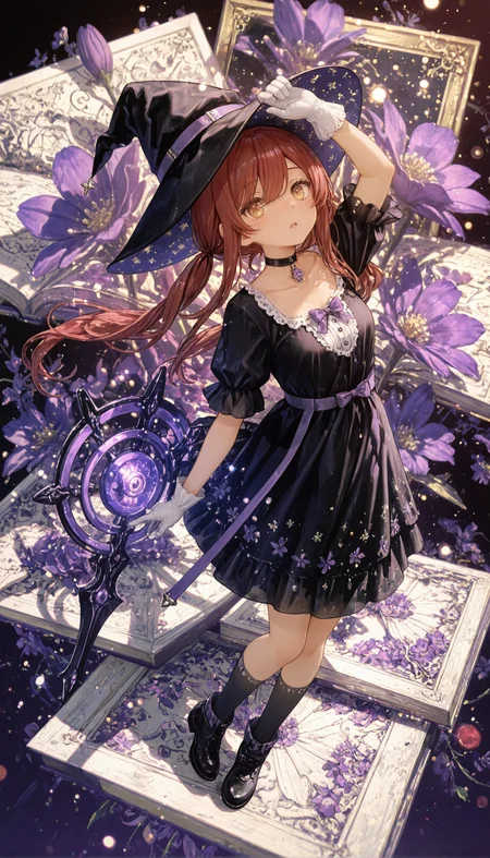 osaki amana,1girl,hat,gloves,solo,witch hat,flower,long hair,red hair,open mouth,twintails,yellow eyes,book,choker,socks,collarbone,frills,ribbon,bangs,looking at viewer,floating hair,border,short sleeves,blush,witch,brown hair,white gloves,framed,black dress,purple flower,floating object,gradient_background,multicolored_background,floral_background,purple theme,dark background,glowing,turn_one's_back,arm up, <lora:HandFixer_pdxl_Incrs_v1:0.5> <lora:None:1.0> <lora:deadpuritySDXLvpred10-step00002300:0.30000000000000004> <lora:Kantoku_Style_for_Illustrious:0.8000000000000002> <lora:banpaiAkiraOSXL_NBVP1_lokr_V6311P:0.30000000000000004> <lora:WSSKX_WAI:0.30000000000000004> <lora:Aura_Phantasy&Shiiro's_Styles-Illustrious:0.30000000000000004> <lora:åå¡ã__ATNR_STYLE-Illustrious:0.05000000000000001> <lora:r17329_illuu:0.05000000000000001> <lora:il_saturation_slider_d1:-0.5000000000000001> <lora:il_color_temp_slider_d1:-1.0000000000000002>