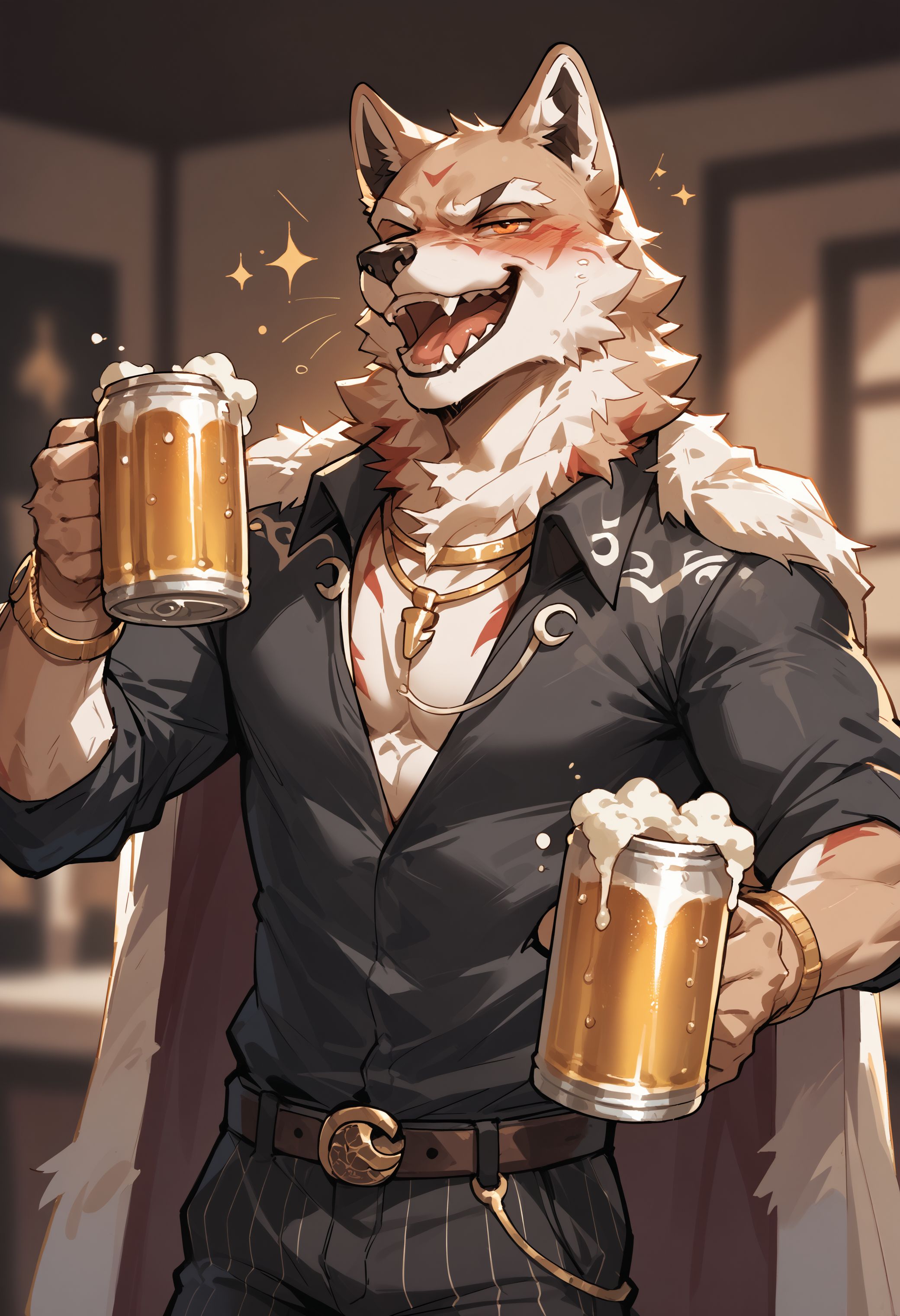 score_9, score_8_up, score_7_up, score_6_up, high res, best quality, digital drawing, 2D, f1etcher_k4ne, 1boy, male focus, solo, furry, furry male, orange eyes, jewelry, drunk, holding can beer, cheering, <lora:Fletcher_Kane_Fortnite:1>