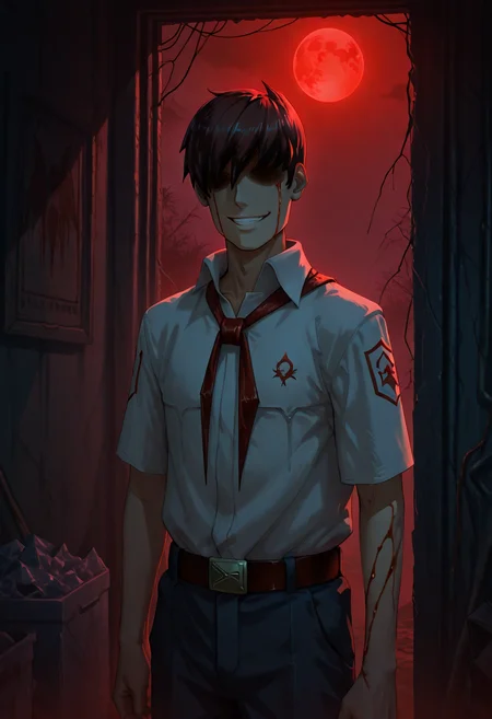 concept art masterpiece, best quality,
 <lora:sembl:1> psembl, 1boy, solo, male focus, brown hair, shirt, white shirt, faceless, necktie, short sleeves, hair over eyes, belt, shaded face, blood on face, blood, grin, horror theme, dark,  <lora:dark_v1.9-pony:0.9> dark theme, dark and eerie urban nightscape, dimly lit Tokyo streets, flickering neon signs, a haunting and surreal atmosphere, a mysterious figure with a distorted or ghostly appearance, shadows moving unnaturally, blood splatters on the walls, a sense of dread and tension, abandoned alleyways with trash and broken objects, a faint red moon in the sky, unsettling silence broken by faint whispers or footsteps, a mix of horror and psychological unease, cinematic composition with dramatic lighting, a blend of realism and supernatural elements, a feeling of being watched, cold and oppressive mood, a touch of Japanese urban legends, a focus on fear and the unknown . digital artwork, illustrative, painterly, matte painting, highly detailed