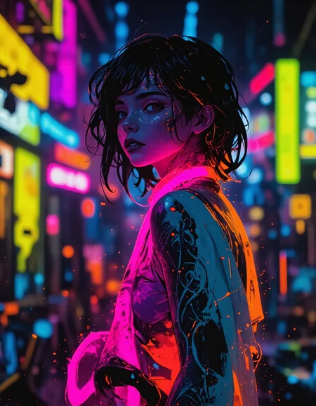 anime, vibrant illustration of a 21 year old caucasian woman in food delivery hub with drone loading stations, with a cyberpunk retro-futuristic touch. it is a from behind shot of her. she is smiling bashfully. she is pretty, has sharp features, a slender face. she is tall, athletic, toned, she has broad shoulders. she has straight fluorescent neon hair with bangs. she wears glowing fluorescent eyeliner, glossy black lipstick on her lips, and has pink glowing eyes. she is wearing a loose-fit crop tank top made of soft fabric. on her skin, she has intricate and tasteful fluorescent patterns that glow bright like neon. she has a pink bright neon glowstick around her neck. it is night. bright yellow, blue, and orange neons light up the scene and reflect off her skin. slight depth of field. <lora:Dark_and_sentimental:0.4>  <lora:Anime v1.3:1.19>   <lora:zavy-flrscnt-fxl:0.6> zavy-flrscnt