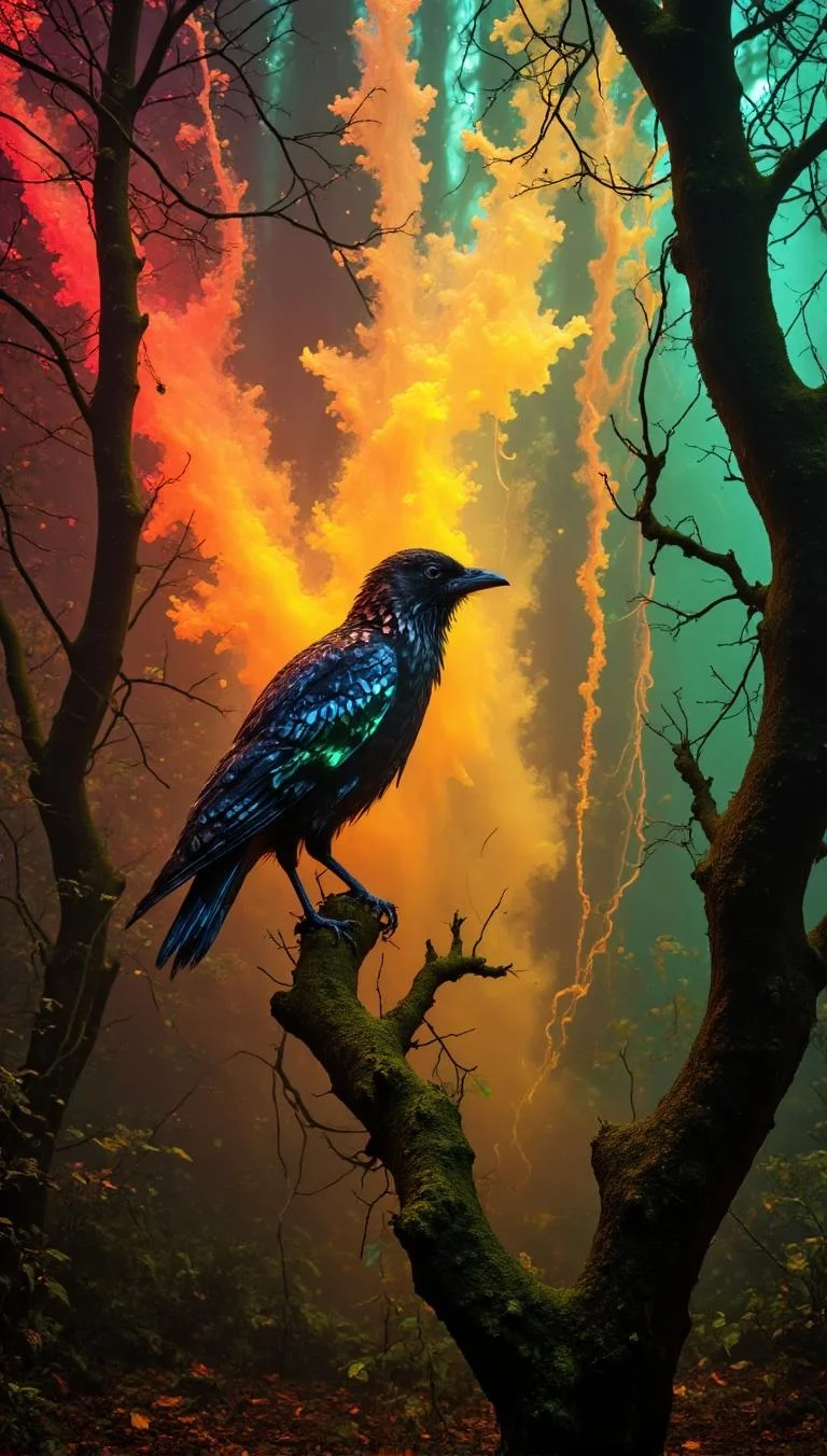 <lora:zavy-flrscnt-flx.safetensors:1> zavy-flrscnt,
The photograph depicts a strikingly colorful scene set amidst a misty backdrop, its bold stripes of red, orange, yellow, green, blue, and purple creating a whimsical gothic atmosphere. The composition expertly blends modernity and tradition with nature, resulting in a captivating visual juxtaposition.
In "Ethereal Majesty," James Cotter masterfully captures a regal crow perched upon a gnarled tree branch amidst a dreamy forest bathed in golden sunset hues. The crow's emerald green and dark blue feathers seem to shimmer, while the mystical energy of the atmosphere is heightened by swirling mist, pulsing clouds, and an eerie, glowing light.