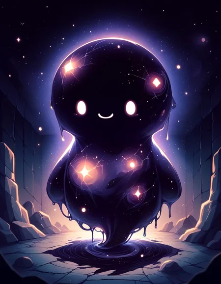 score_9,score_8_up,score_7_up,   <lora:Navi_Celestial_Skin_PonyXL:1.1> nv-celestialskin  ,   colored skin,  void cosmic body, deep black skin, silhouette, nebula,  animal focus, slime \(creature\), smile ,  in a dungeon, cracks , stone room,